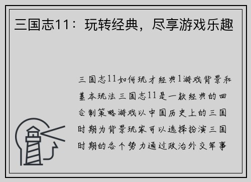 三国志11：玩转经典，尽享游戏乐趣